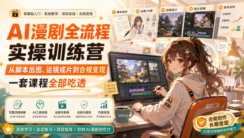 AI漫剧全流程实操训练营，从脚本出图、运镜成片到合规变现，一套课程全部吃透-网创之家