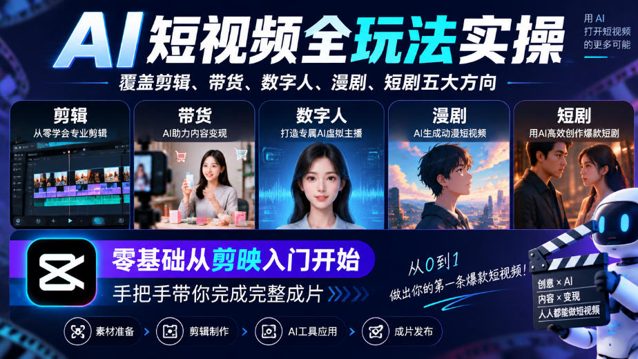 AI短视频全玩法实操，覆盖剪辑、带货、数字人、漫剧、短剧五大方向，零基础从剪映入门开始，手把手带你完成完整成片-网创之家