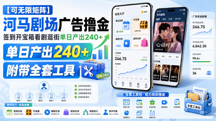 【可无限矩阵】河马剧场广告撸金，签到开宝箱看剧逛街单日产出240+，附带全套工具【揭秘】-网创之家