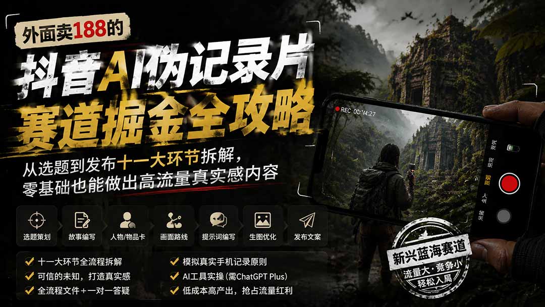 外面卖188的抖音AI伪记录片赛道掘金全攻略；从选题到发布十一大环节拆解，零基础也能做出高流量真实感内容-网创之家