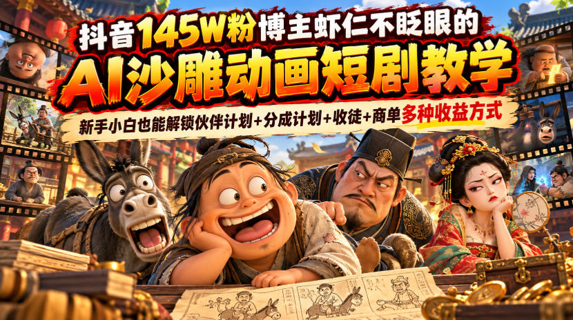 抖音145W粉博主虾仁不眨眼的AI沙雕动画短剧教学，新手小白也能解锁伙伴计划+分成计划+收徒+商单多种收益方式-网创之家