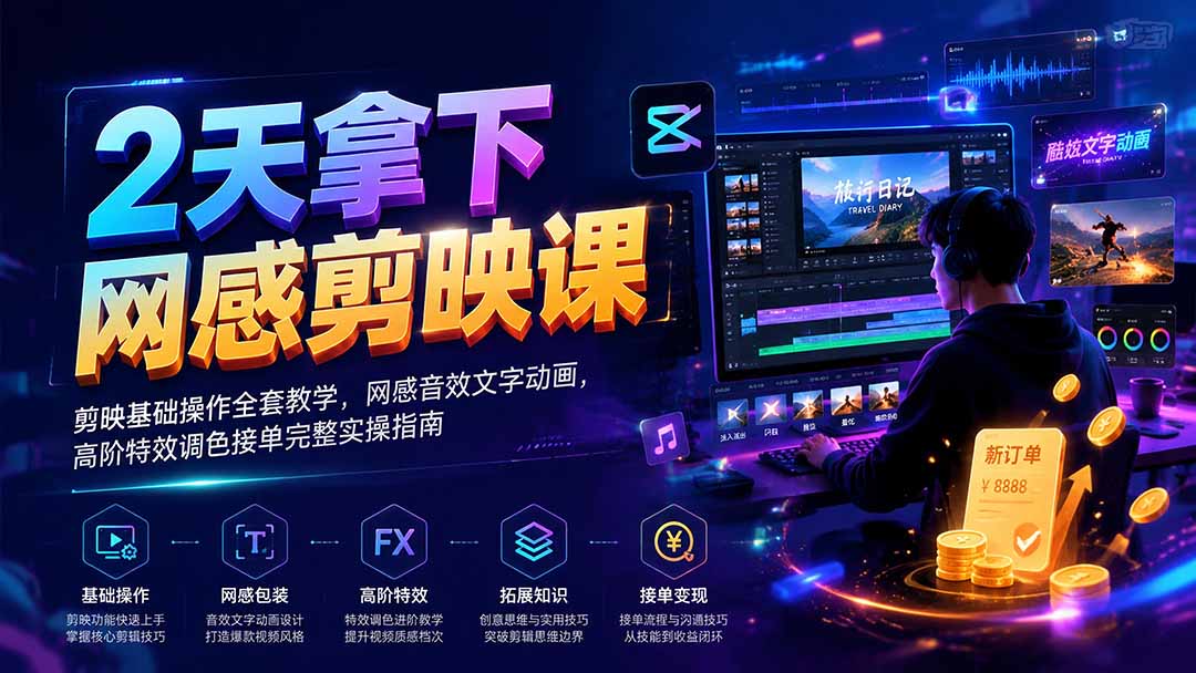 2天拿下网感剪辑课｜剪映基础操作全套教学，网感音效文字动画，高阶特效调色接单完整实操指南-网创之家