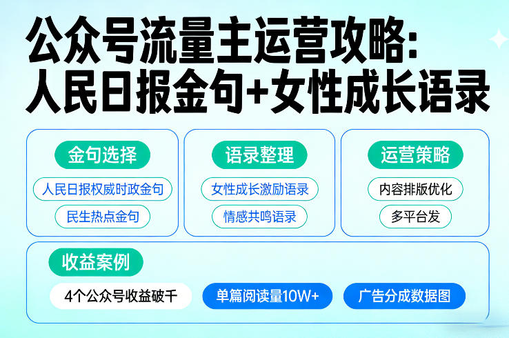 利用人民日报金句+女性成长语录做公众号流量主，4个公众号收益破千-网创之家