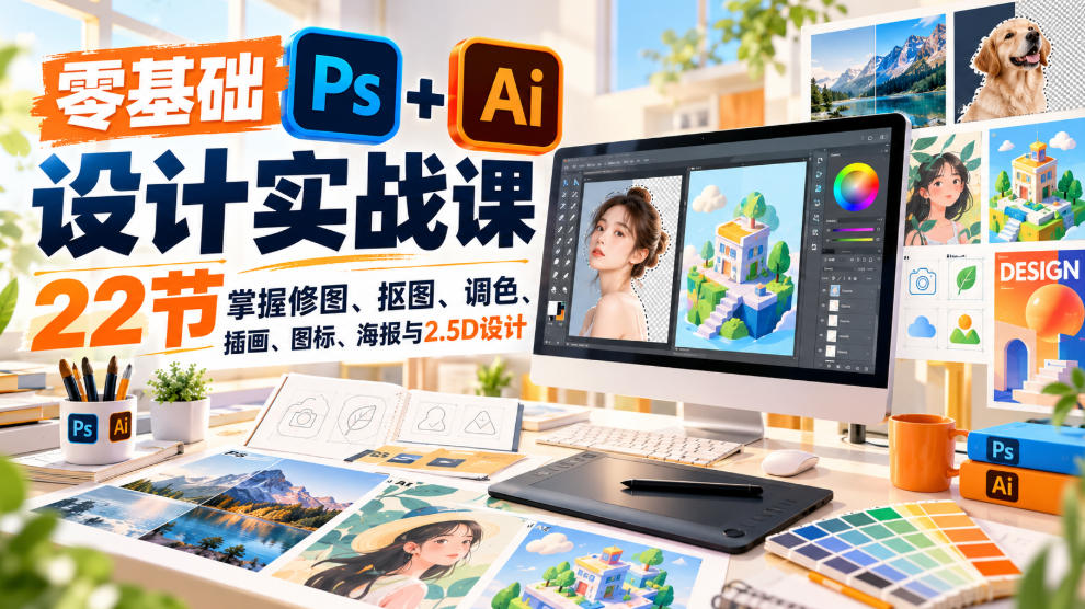 【无水印】零基础PS+AI设计实战课｜22节掌握修图、抠图、调色、插画、图标、海报与2.5D设计-网创之家