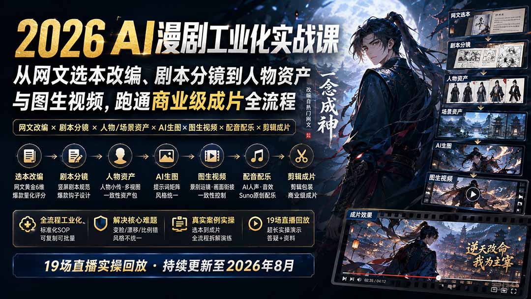 2026 AI漫剧工业化实战课-更新：从网文选本改编、剧本分镜到人物资产与图生视频，跑通商业级成片全流程-网创之家