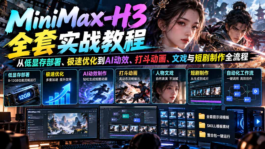 MiniMax-H3全套实战教程：从低显存部署、极速优化到AI动效、打斗动画、文戏与短剧制作全流程-网创之家