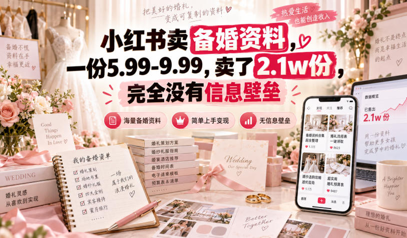 小红书卖备婚资料,一份5.99-9.99,卖了2.1w份,完全没有信息壁垒-网创之家