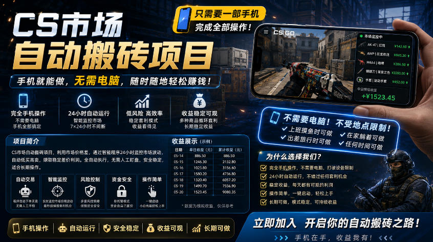 手机即可操作的CS市场自动搬砖系统｜自动监控｜自动下单|日入300+【揭秘】-网创之家