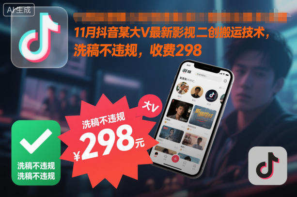 11月抖音某大V最新影视二创搬运技术,洗稿不违规,收费298-网创之家