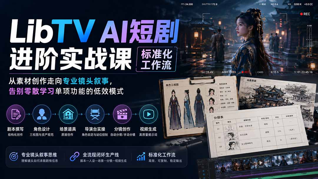 LibTV AI短剧进阶实操课标准化工作流；从素材创作走向专业镜头叙事，告别零散学习单项功能的低效模式-网创之家