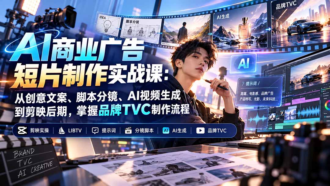 AI商业广告短片制作实战课：从创意文案、脚本分镜、AI视频生成到剪映后期，掌握品牌TVC制作流程-网创之家