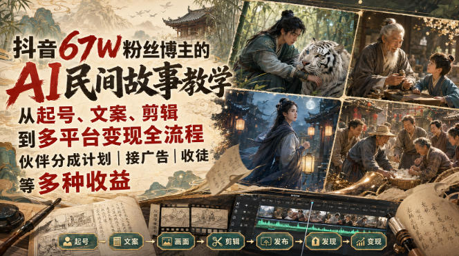 抖音67W粉丝博主的AI民间故事教学，从起号、文案、剪辑到多平台变现全流程，伙伴分成计划接广告等多种收益，月入1W+-网创之家