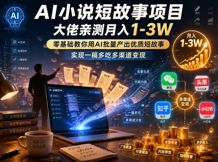 AI小说短故事项目，大佬亲测月入1-3W，零基础教你用AI批量产出优质短故事，实现一稿多吃多渠道变现(更新0624)-网创之家