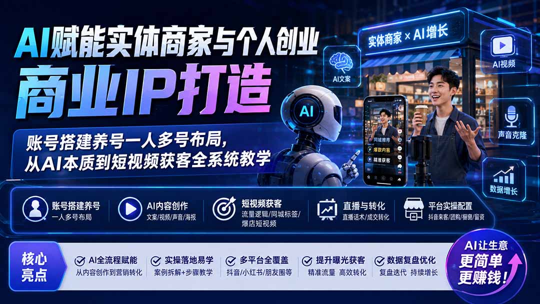 AI赋能实体商家与个人创业商业IP打造；账号搭建养号一人多号布局，从AI本质到短视频获客全系统教学-网创之家