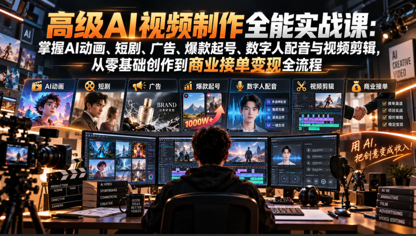 高级AI视频制作全能实战课：掌握AI动画、短剧、广告、爆款起号、数字人配音与视频剪辑，从零基础创作到商业接单变现全流程-网创之家