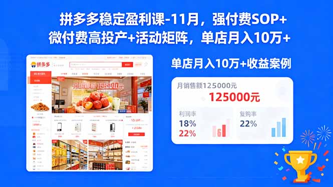 拼多多稳定盈利课-11月,强付费SOP+微付费高投产+活动矩阵,单店月入10万+-网创之家