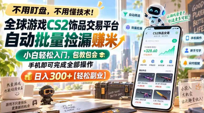 全球游戏CS2饰品交易平台自动批量捡漏賺米，小白轻松入门，包教包会，手机即可完成全部操作，日入300+【揭秘】-网创之家