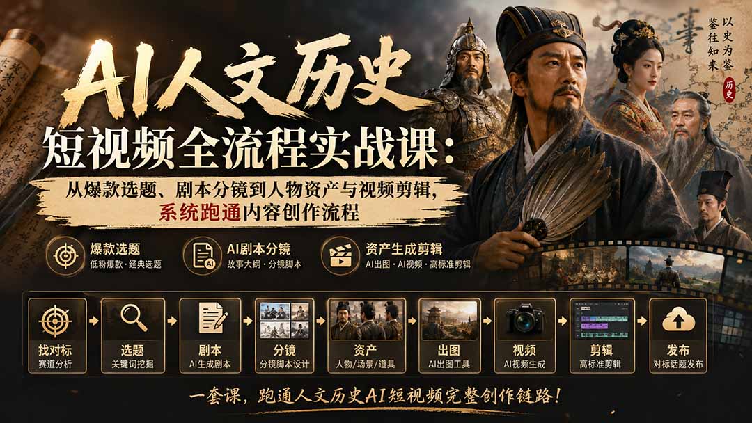 AI人文历史短视频全流程实战课：从爆款选题、剧本分镜到人物资产与视频剪辑，系统跑通内容创作流程-网创之家
