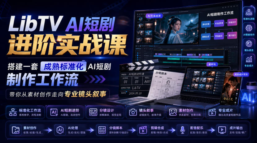 LibTV AI短剧进阶实战课，搭建一套成熟标准化AI短剧制作工作流，带你从素材创作走向专业镜头叙事-网创之家