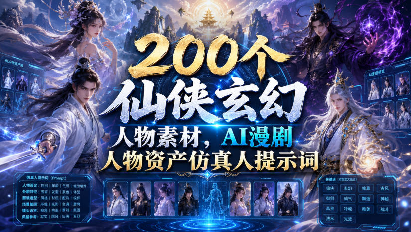 200个仙侠玄幻人物素材,AI漫剧人物资产仿真人提示词-网创之家