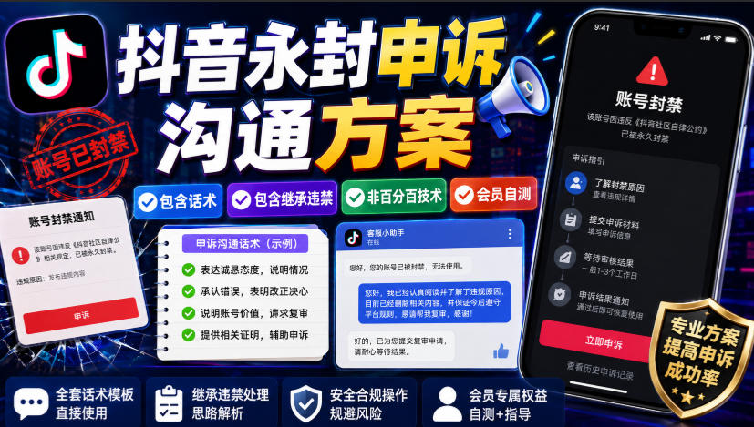 抖音永封申诉沟通方案，包含话术，包含继承违禁，非百分百技术，会员自测-网创之家
