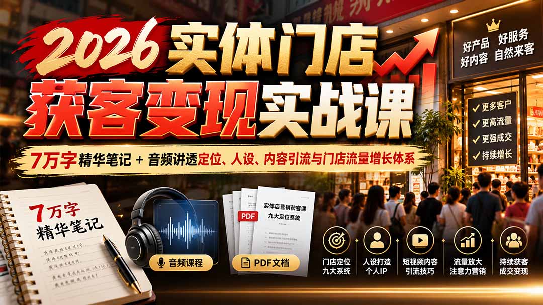 2026实体门店获客变现实战课：7万字精华笔记+音频讲透定位、人设、内容引流与门店流量增长体系-网创之家