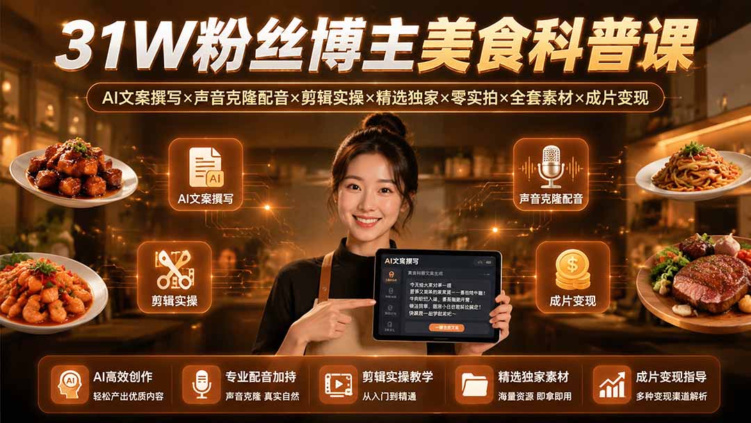 31W粉丝博主美食科普课：AI文案撰写×声音克隆配音×剪辑实操×精选独家×零实拍×全套素材×成片变现-网创之家