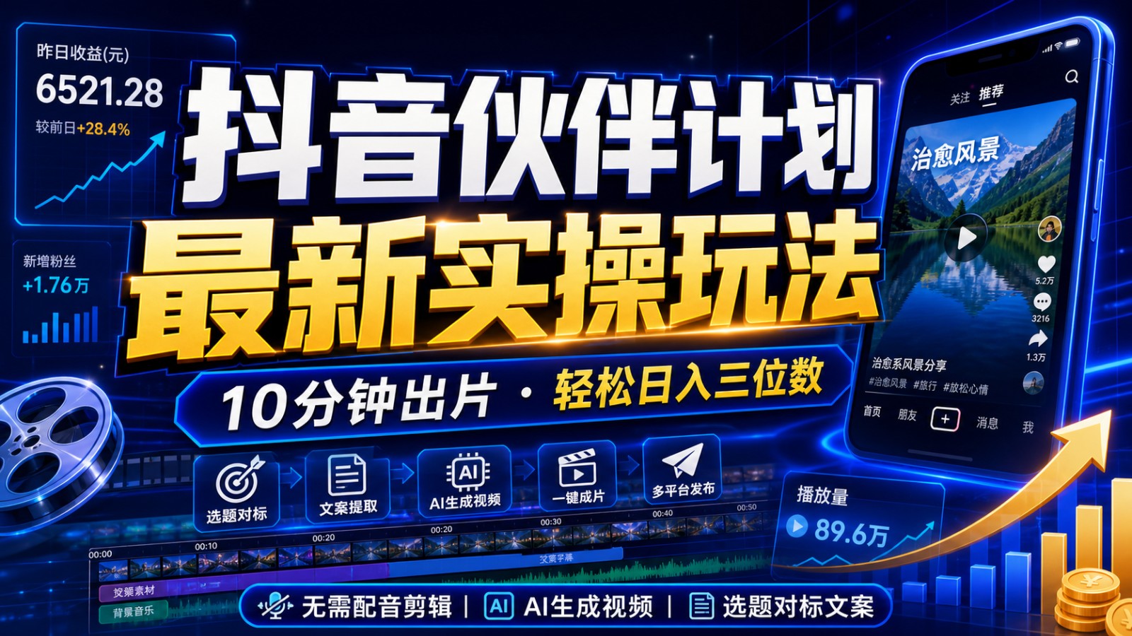 抖音伙伴计划最新暴利玩法，不用找素材和剪辑，10分钟出一条原创视频，轻松日入三位数-网创之家