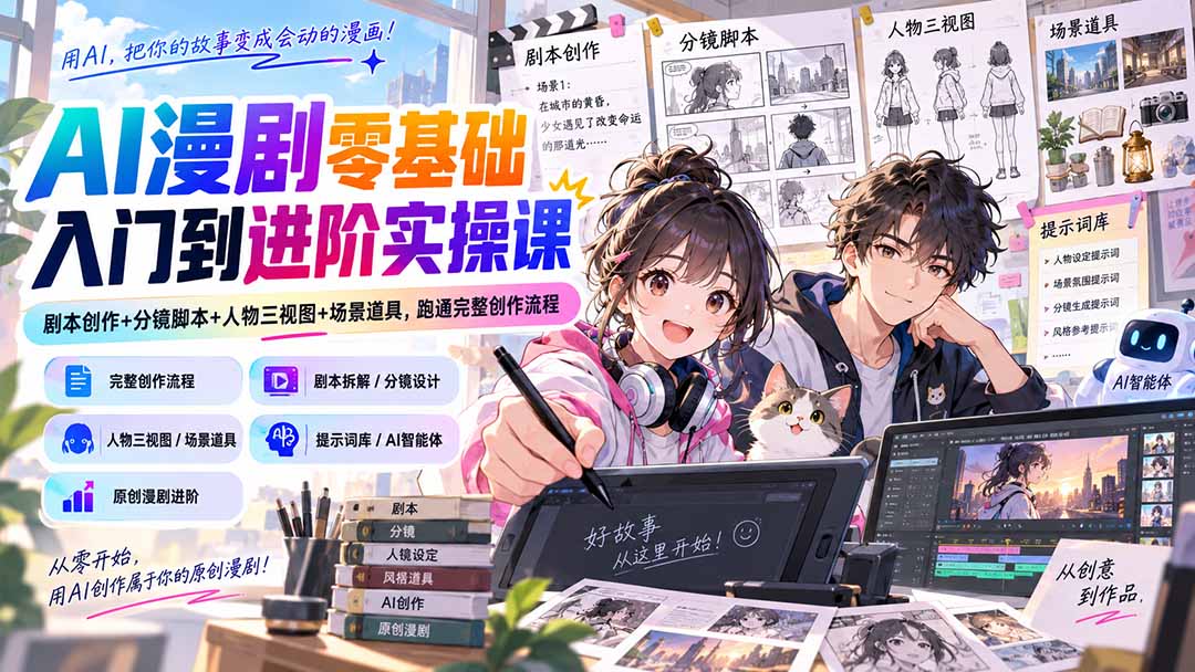 AI漫剧零基础入门到进阶实操课：剧本创作+分镜脚本+人物三视图+场景道具，跑通完整创作流程-网创之家