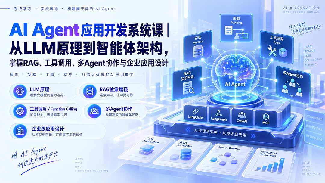 AI Agent应用开发系统课-179节｜从LLM原理到智能体架构，掌握RAG、工具调用、多Agent协作与企业应用设计-网创之家
