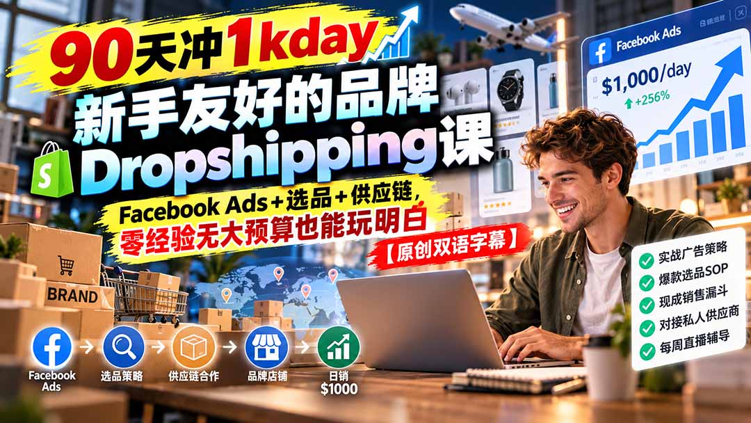90天冲1kday 新手友好的品牌Dropshipping课：Facebook Ads+选品+供应链，零经验无大预算也能玩明白【原创双语字幕】-网创之家