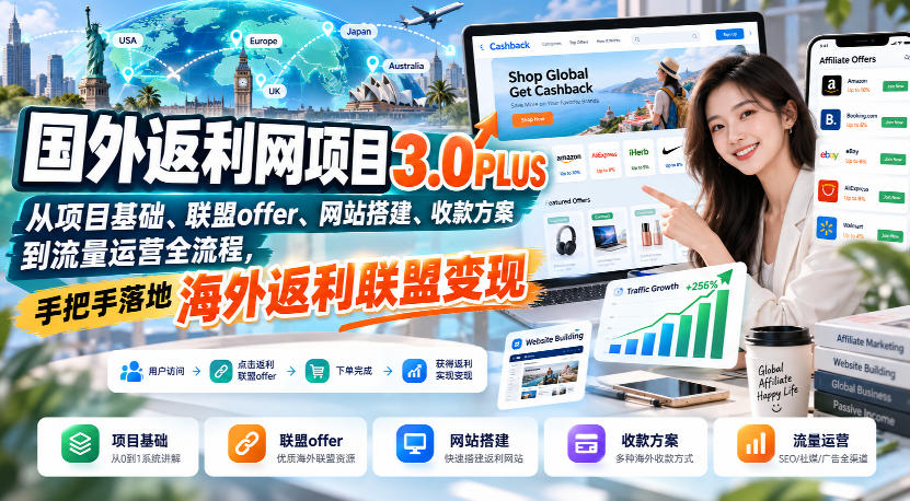 国外返利网项目3.0PLUS，从项目基础、联盟offer、网站搭建、收款方案到流量运营全流程，手把手落地海外返利联盟变现-网创之家