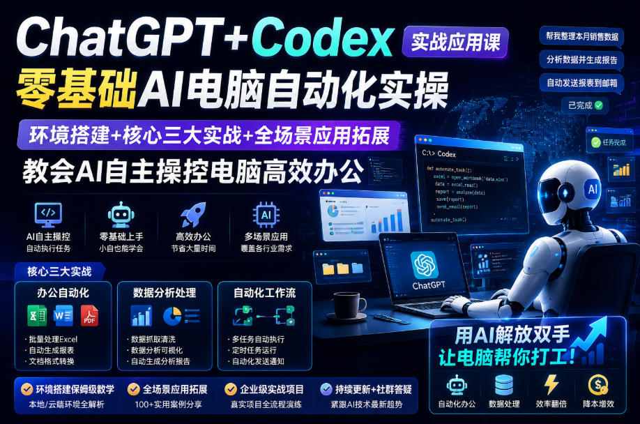 ChatGPT+Codex实战应用课｜零基础AI电脑自动化实操，环境搭建+核心三大实战+全场景应用拓展，教会AI自主操控电脑高效办公-网创之家