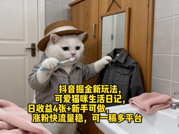 抖音掘金新玩法，可爱猫咪生活日记，日收益4张+新手可做，涨粉快流量稳，可一稿多平台-网创之家
