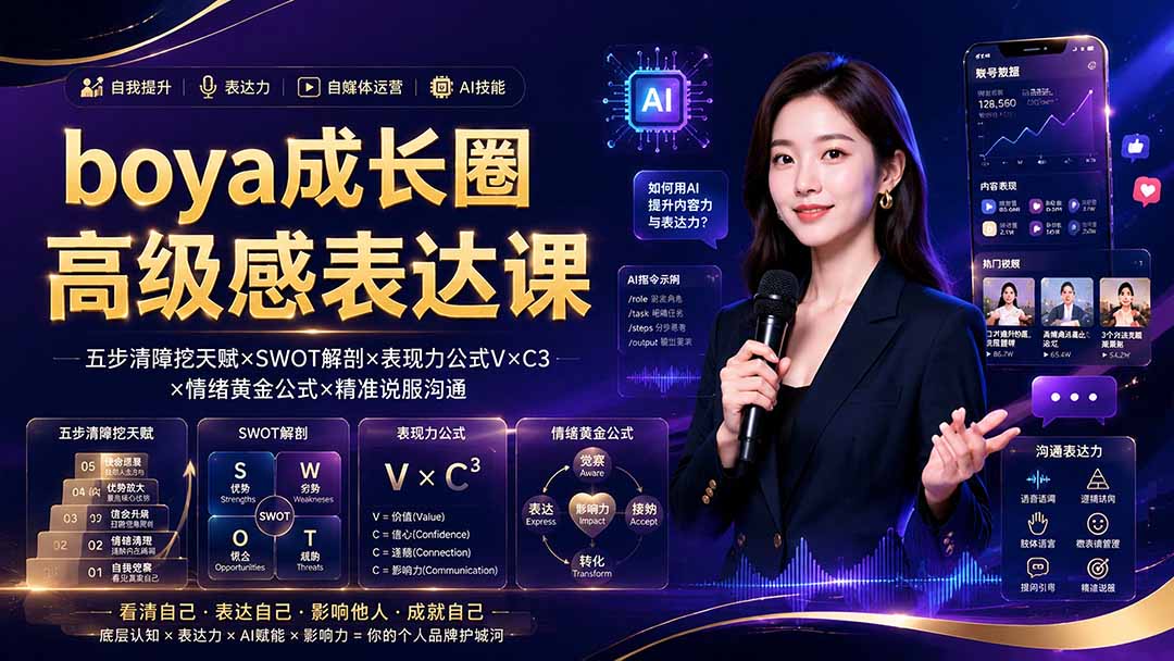 boya成长圈｜内心成长高级表达AI自媒体三合一，消解内耗挖掘天赋，镜头沟通AI指令短视频全流程教学-网创之家