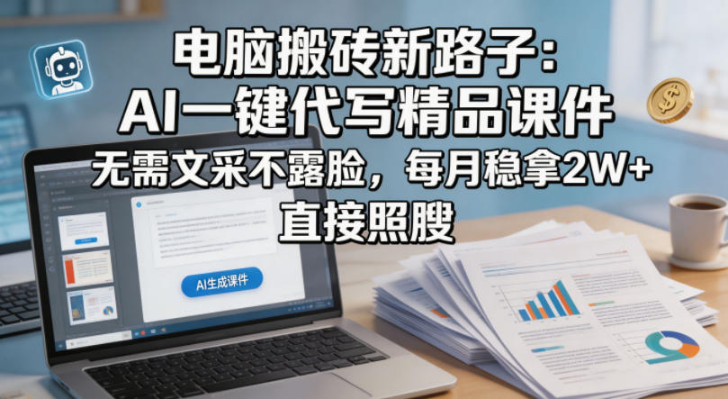 电脑搬砖新路子：AI一键代写精品课件，无需文采不露脸，每月稳拿2W+，直接照搬-网创之家