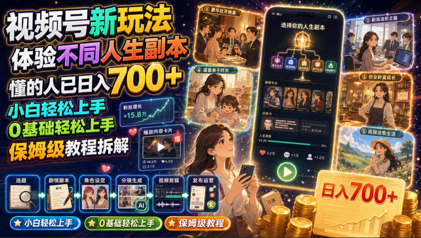 视频号新玩法体验不同人生副本，懂的人已日入700+，小白轻松上手，0基础轻松上手，保姆级教程拆解-网创之家