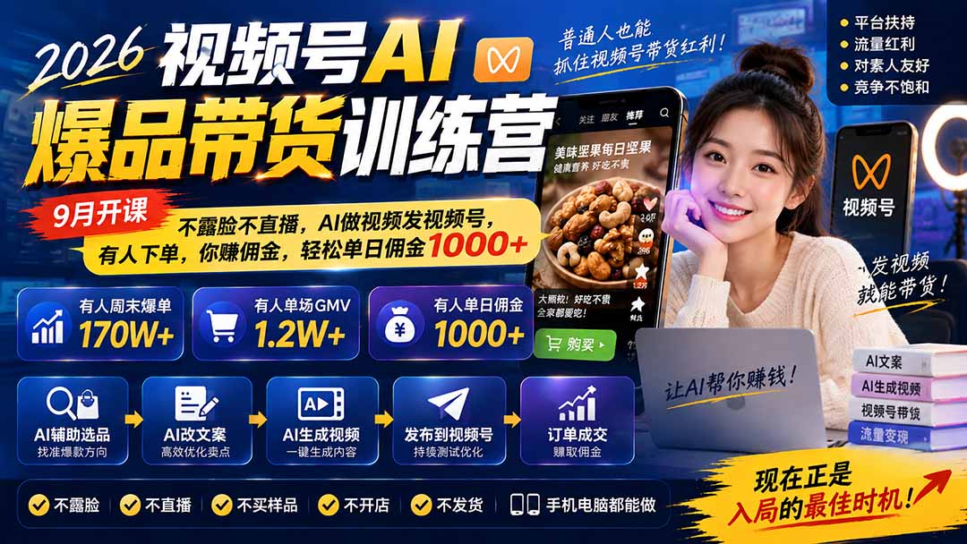 2026视频号AI爆品带货训练营-9月开课｜不露脸不直播，AI做视频发视频号，有人下单，你赚佣金，轻松单日佣金1000+-网创之家
