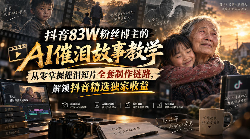 抖音83W粉丝博主的AI催泪故事教学，从零掌握催泪短片全套制作链路，解锁抖音精选独家收益-网创之家
