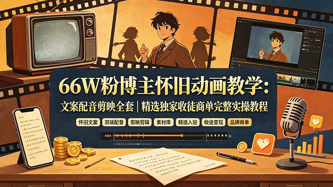 66W粉博主怀旧动画教学：文案配音剪映全套｜精选独家收徒商单完整实操教程-网创之家