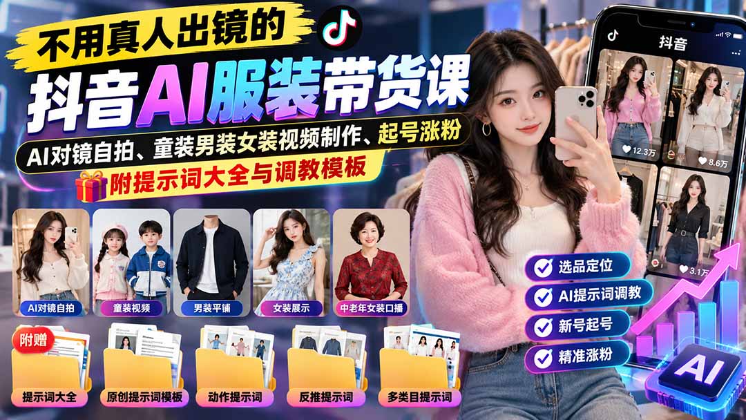 不用真人出镜的抖音AI服装带货课：AI对镜自拍、童装男装女装视频制作、起号涨粉，附提示词大全与调教模板-网创之家