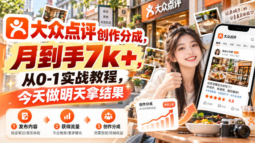 大众点评创作分成，月到手7k+，从0-1实战教程，今天做明天拿结果-网创之家