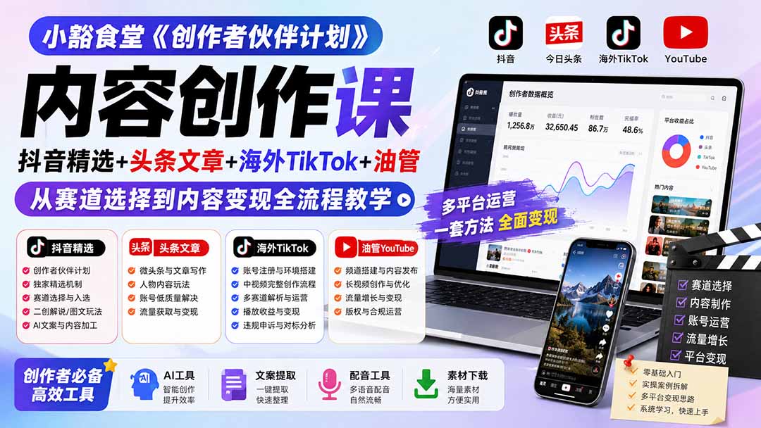 小豁食堂《创作者伙伴计划》内容创作课：抖音精选+头条文章+海外TikTok+油管，从赛道选择到内容变现全流程教学-网创之家