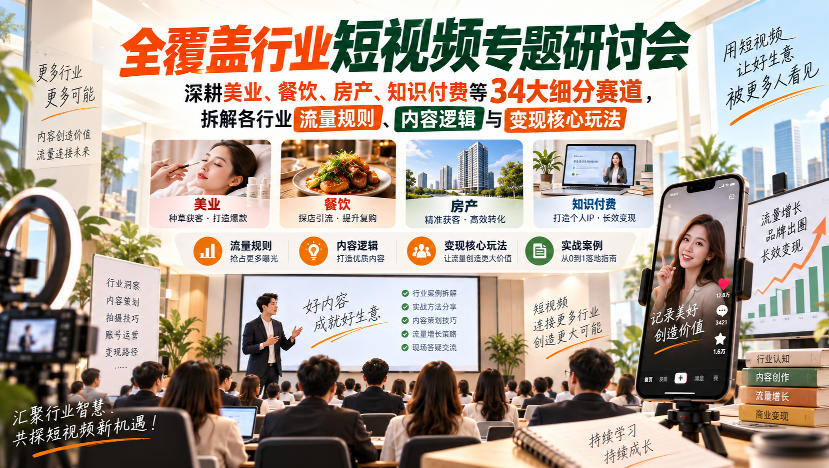 短视频专题研讨会，深耕美业、餐饮、房产、知识付费等34大细分赛道，拆解各行业流量规则、内容逻辑与变现核心玩法-网创之家