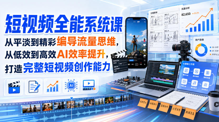 短视频全能系统课，从平淡到精彩编导流量思维，从低效到高效AI效率提升，打造完整短视频创作能力(2026年8月30更新233集)-网创之家
