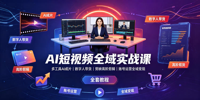 AI短视频全域实战课｜多工具AI成片、数字人带货、剪映高阶剪辑、账号运营全域变现全套教程-网创之家