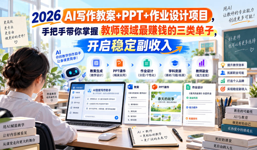 2026 AI写作教案+PPT+作业设计项目，手把手带你掌握教师领域最賺钱的三类单子，开启稳定副收入-网创之家