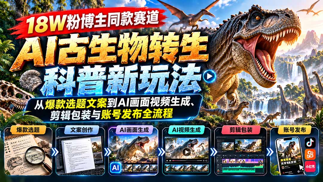 18W粉博主同款赛道-AI古生物转生科普新玩法：从爆款选题文案到AI画面视频生成、剪辑包装与账号发布全流程-网创之家