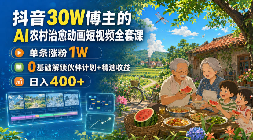 抖音30W博主的AI农村治愈动画短视频全套课｜单条涨粉1W，0基础解锁伙伴计划+精选收益，日入400+-网创之家