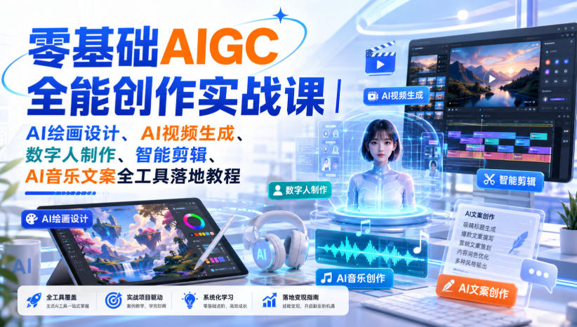 零基础AIGC全能创作实战课｜AI绘画设计、AI视频生成、数字人制作、智能剪辑、AI音乐文案全工具落地教程-网创之家